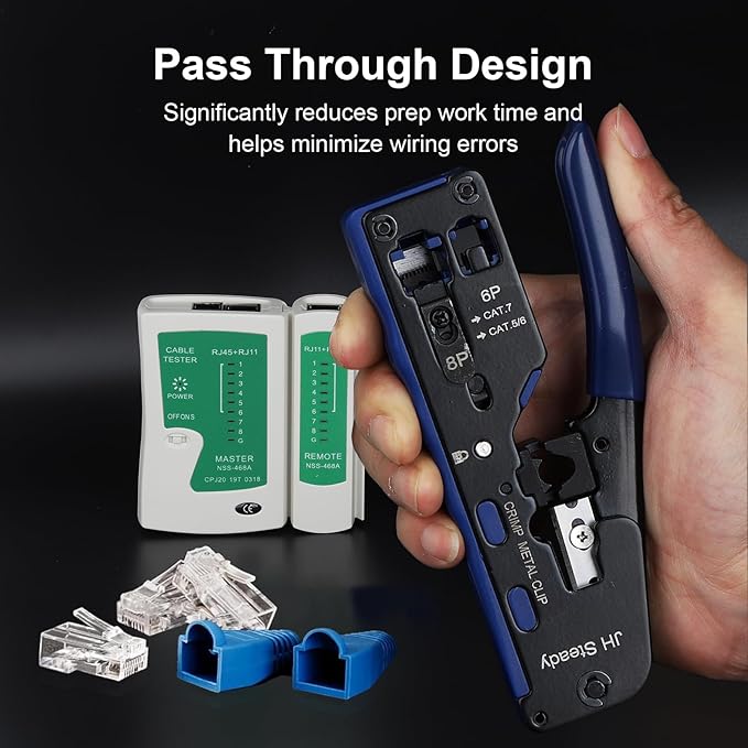 Pass Through RJ45 Crimp Tool Kit, Ethernet Crimping Tool Kit for Cat5/Cat5e/Cat6 with Cable Tester, 30PCS Connectors & Boots, Wire Crimper Stripper Cutter for Network Installation