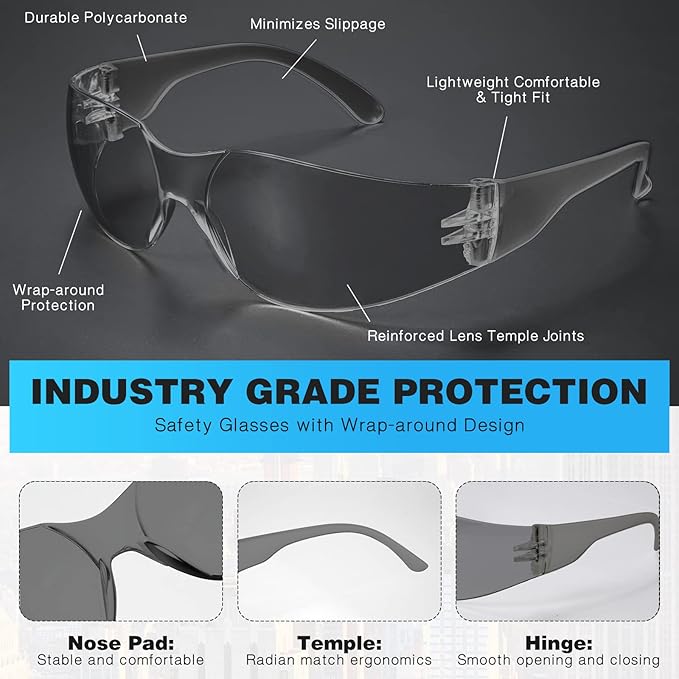 WFEANG Safety Glasses - Tinted Protective Eyewear with ANSI Z87.1, Scratch & Impact Resistant Eye Protection Glasses for Work, Lab, Construction (Pack of 50 Smoke)