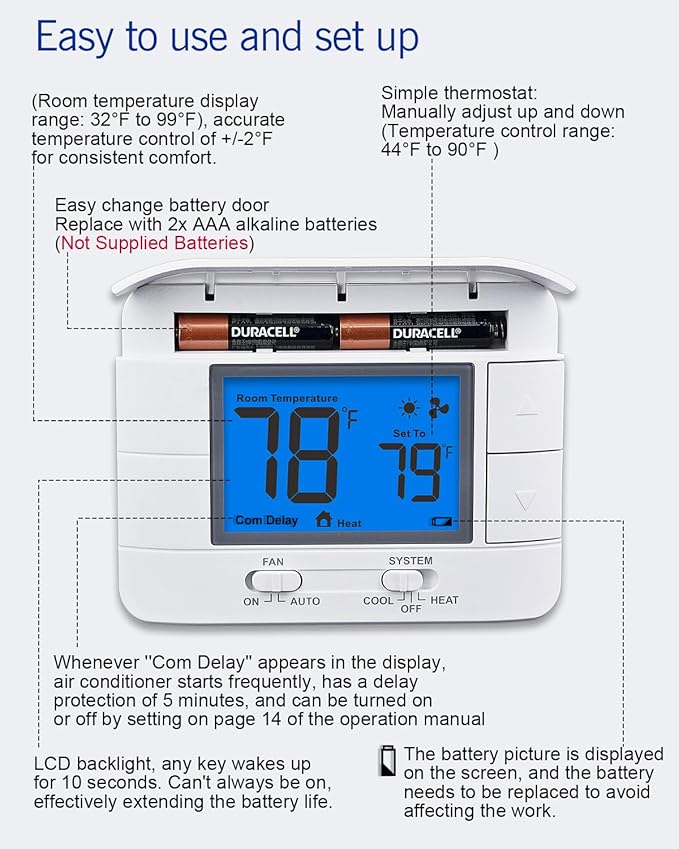 Non Programmable Thermostat for Home 1 Heat/ 1 Cool Single-Stage System, with Room Temperature Monitor (LCD Blue Backlit Screen)