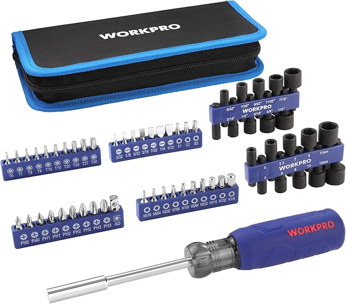 WORKPRO 61PC Magnetic Screwdriver Bits & Nut Driver Set with Organizer Bag, DIY Tools & Equipment for Men Women Mechanic, Herramientas Tool Bit Kit Home Improvement Gift, Metric & SAE