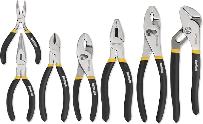 HURRICANE 7-Piece Pliers Set - 8 Inch Groove Joint, Slip Joint, 7 Inch Linesman, 6 Inch Diagonal, Long Nose, Mini Long Nose for DIY & Home Use