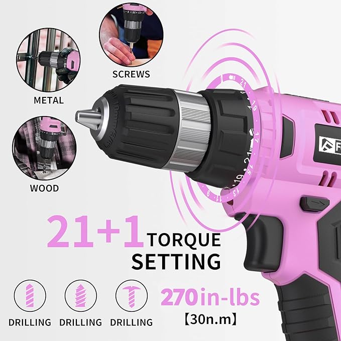Cordless Drill Set, 20V Electric Power Drill With Battery And Charger, 30N Torque, 21+1 Settings, 3/8-Inch Keyless Chuck, Driver Bits Kit, LED Light (Pink)