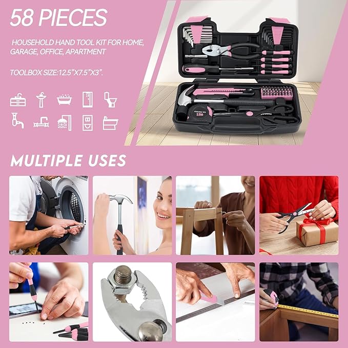 58 Piece Household Tool Set, General Household Hand Tool Kit with Plastic Toolbox Storage Case, All Purpose Household Tool Kit for Women, Girls and Ladies, Pink