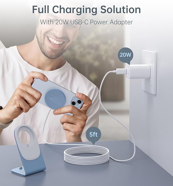 Magnetic Wireless Charger with Aluminum Charging Pad Stand Compatible with iPhone 16/15/14/13/12 Series，20W PD Charger&5ft Cable Included, Blue