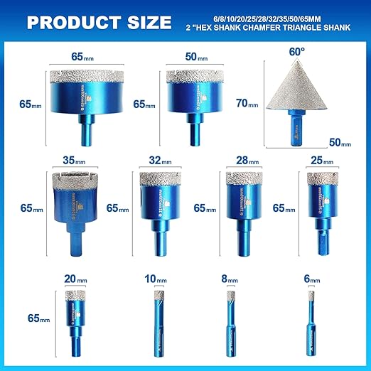 Diamond Core Drill Bit Set - BRSCHNITT Diamond Hole Saw Kit for Porcelain Tile Ceramic Marble Granite Drilling Triangle Shank 11pcs 6/8/10/20/25/28/32/35/50/65mm bits &2“ Chamfer bit
