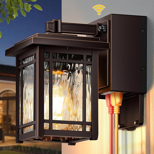 Front Porch Lights with GFCI Outlet, Oil Rubbed Bronze Dusk to Dawn Outdoor Wall Lantern, Anti-Rust Outdoor Garage Lights Wall Mount, Exterior Sconce Lighting Fixtures with Water Ripple Glass