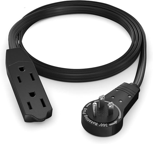 Maximm Cable 3 Ft 360° Rotating Flat Plug Extension Cord/Wire, 16 AWG Multi 3 Outlet Extension Wire, 3 Prong Grounded Wire - Black - UL Certified
