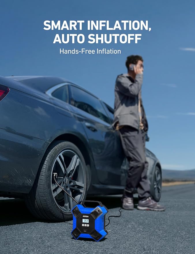 AstroAI Air Compressor Tire Inflator Portable Air Pump for Car Tires, 12V DC Integrated Metal Structure Tire Pump 160PSI with LED Light for Cars, Bicycles, Motorcycles, and Other Inflatables(Blue)