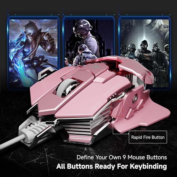 EWEADN G5 Wired Gaming Mouse, Ergonomic RGB Computer Mouse, 12800 Adjustable DPI, 9 Programmable Macro Buttons with Rapid Fire Key Compatible for PC/Laptop/Windows-Pink