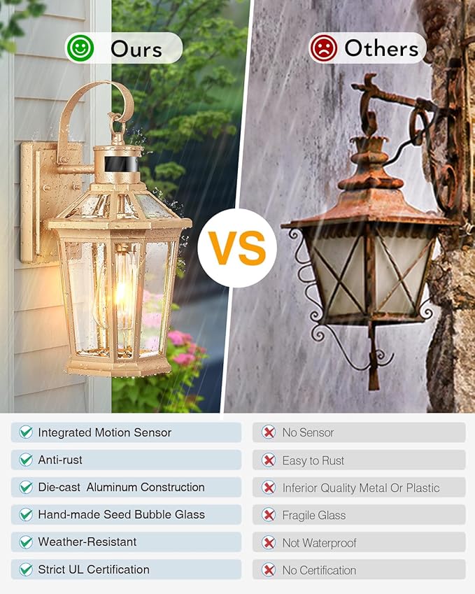 VIANIS Outdoor Wall Lights, Motion Sensor Exterior Light Fixtures Wall Mount, Waterproof Modern Gold Outside Front Porch Light, Anti-Rust Aluminum Outdoor Wall Sconce for House Garage