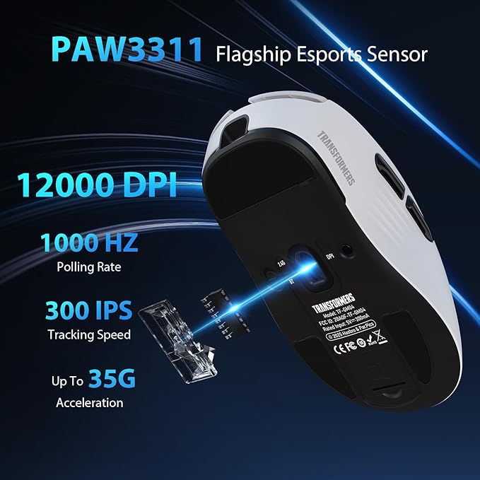 Transformers GM04 63g Lightweight Wireless Gaming Mouse, 12000 DPI, PAW3311 Sensor, 100h Battery Life, 2.4G/USB-C/Bluetooth Wireless Mouse with 5 Programmable Buttons for PC/Mac/Laptop(White)