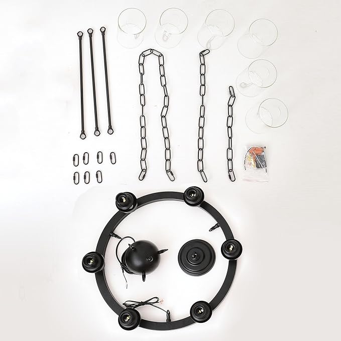 24“ Black Wagon Wheel Chandelier, 6-Light Farmhouse Glass Pendant Lights Kitchen Island Round Hanging Lighting fixtures Ceiling for Living Room, Dining Room, Kitchen Island, Entryway, Foyer