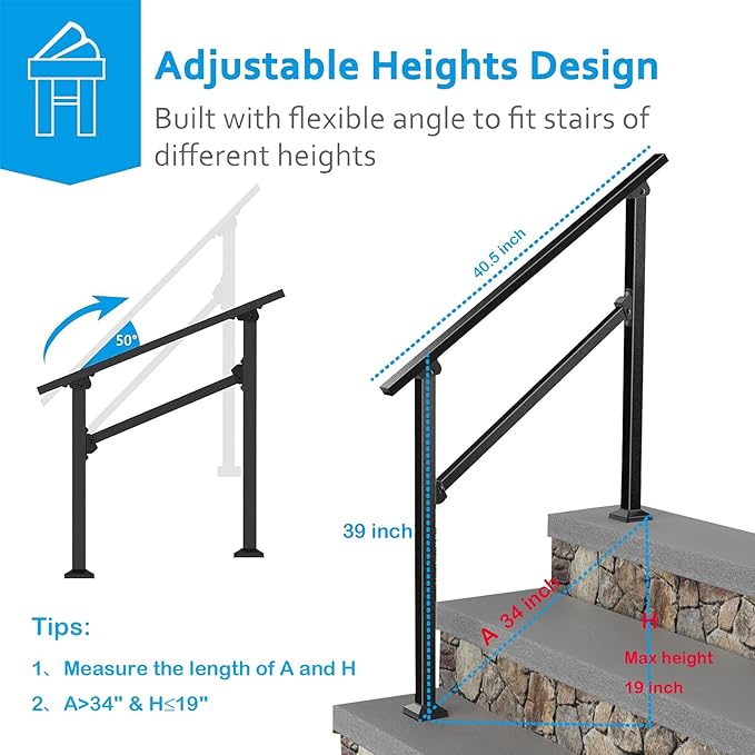 Wrought Iron Handrails for Outdoor Steps - Exterior Hand Rails for Concrete Steps Outside Metal Stair Railing Porch 3 Step