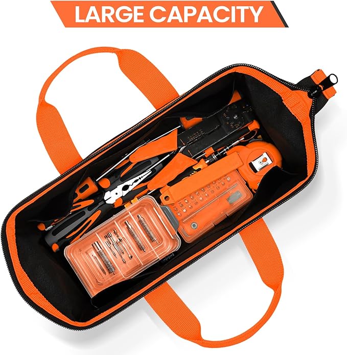 Tool Bag, 14 inch Heavy Duty Storage Bag with Handles, Double Layer 600D Polyester Fabric, Black and Orange, Tool Organizer for Mechanics, Electricians, and DIY Enthusiasts