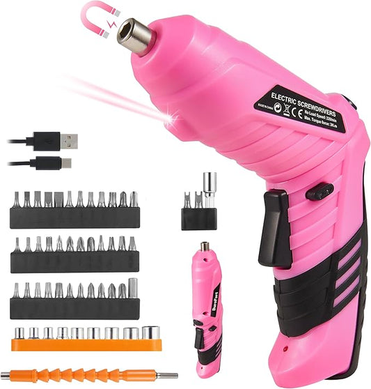 Pink Cordless Electric Screwdriver Set, 3.7V Rechargeable Small Electric Drill with 48pcs Driver Bit Set, Power 3Nm Screw Gun with 2 Position Handle, Flexible Shaft LED Light for Women