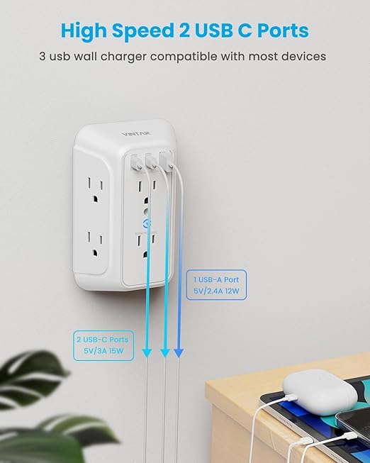 [2-Pack] Surge Protector Outlet Extender, VINTAR 6 Outlet Splitter with 3 USB Charging Ports (2 USB C),900J Multi Plug Outlet Power Strip, 3-Sided Usb Wall Charger for Home Office Dorm Room Essentials