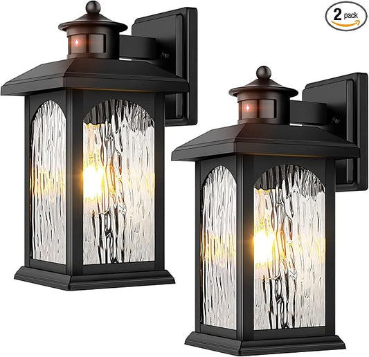 2 Packs Motion Sensor Outdoor Wall Lantern, Dusk to Dawn Outdoor Lighting, Black Porch Lights Fixture & Outside Wall Mount with Rippled Glass, Exterior Sconce Light for Front Patio Garage Entryway