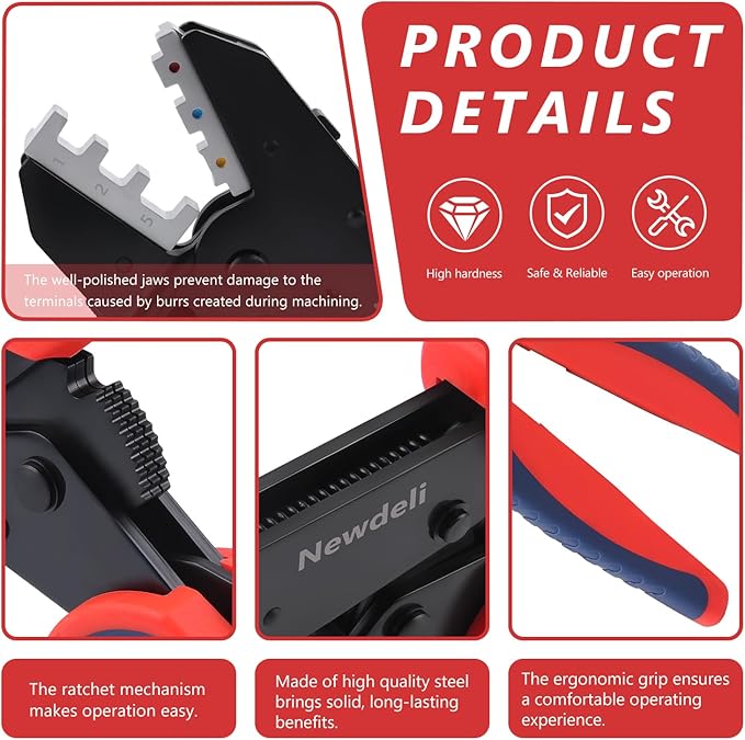 Newdeli Wire Crimping Tool Kit 7PCS Ratchet Wire Crimper Plier for Heat Shrink Connectors Ferrule Connectors Solar Connectors Open Barrel Connectors Insulated Nylon & Non-insulated Ring Terminals