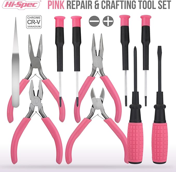 Hi-Spec 11pc Pink Womans Compact Crafts & Home DIY Repair Hand Tool Kit Set with Pliers, Cutters and Precision Screwdrivers for Ladies