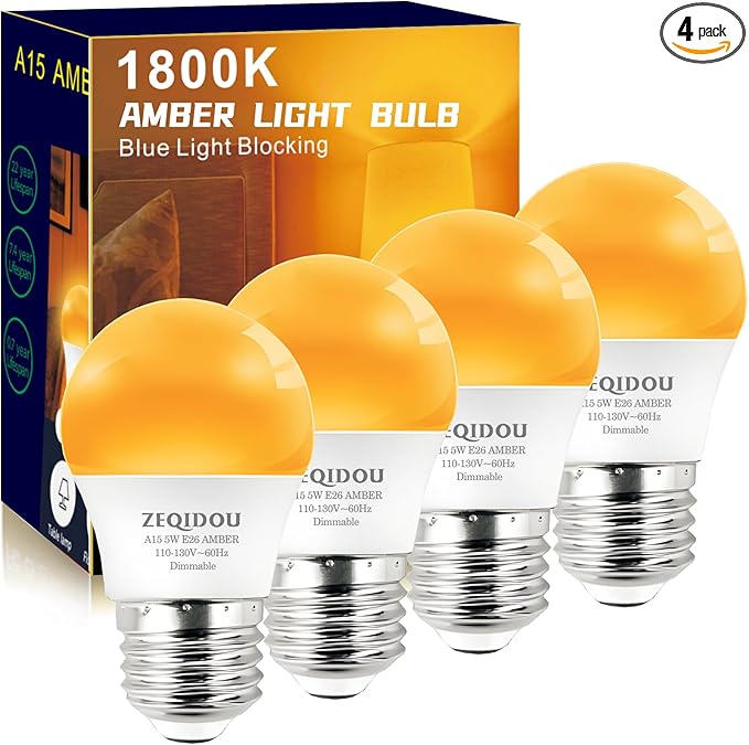 Amber Sleep Light Bulbs Dimmable, Blue Light Blocking, A15 E26 5W(40 Watt Equivalent) Dim Light Bulb,1800K Warm Light Bulbs for Healthy Sleep, Bedroom, Kids Room, 4-Pack