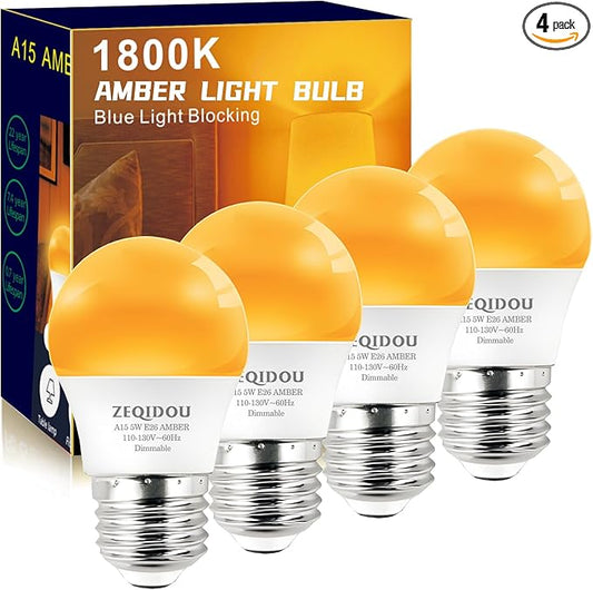 Amber Sleep Light Bulbs Dimmable, Blue Light Blocking, A15 E26 5W(40 Watt Equivalent) Dim Light Bulb,1800K Warm Light Bulbs for Healthy Sleep, Bedroom, Kids Room, 4-Pack