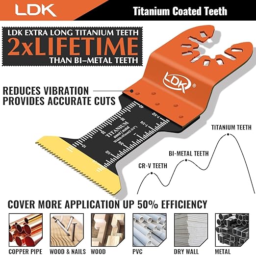 LDK 16pc Titanium Oscillating Tool Blades, Professional Universal Multitool Blades for Wood Plastics Metal Nails Bolts, Quick Release Multi Tool Blades Kits Fit Dewalt Bosch Makita Worx Milwaukee