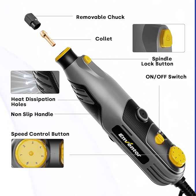 Enventor 130W Corded Rotary Tool, Power Electric Rotary Tool Kit with 204pcs Accessories Kit, 6-Speed 10,000-35,000RPM, Power Multi-Purpose Set for Sanding, Polishing, Engraving, Drilling, DIY Crafts