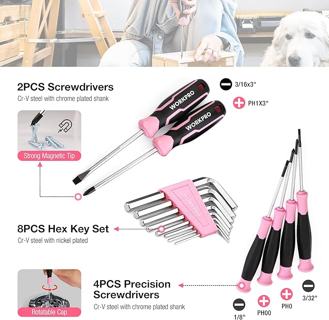 WORKPRO Pink Tool Set, 258 PCS Tool Kit for Women, Basic Household Tool Box with Hammer, Screwdriver Set, Portable Toolkit for Home Repair, New Apartment, House-Warming, DIY - Pink Ribbon