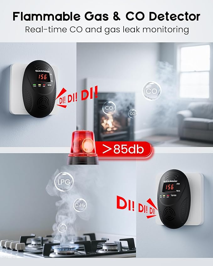 Carbon Monoxide Detectors and Natural Gas Detector, Carbon Monoxide Detectors Plug in, Gas Leak Detector with Dual Sensors - Natural, Propane, Co Leak Detection for Home, RV Essentials, Black, 1Pcs