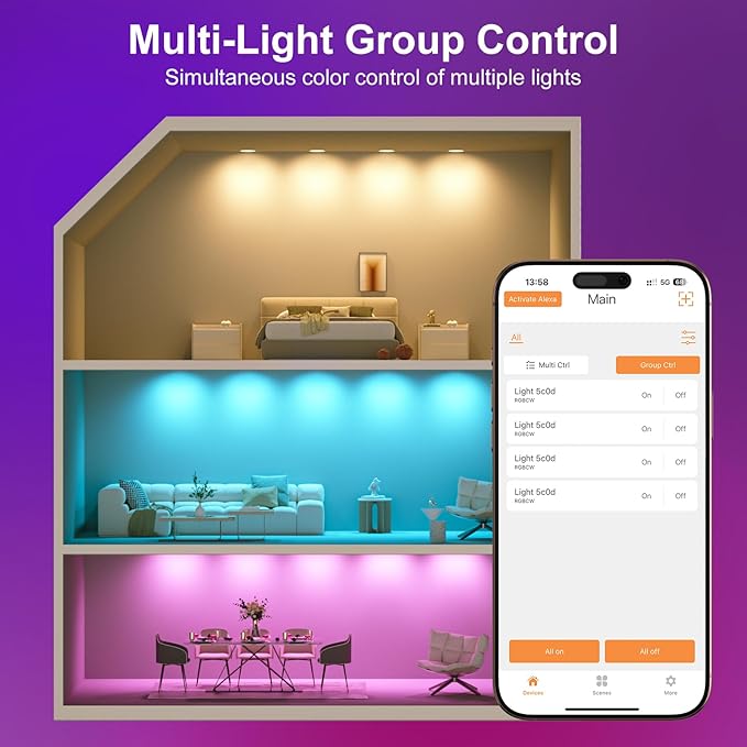 5/6 Inch Smart LED Recessed Lights 4Pack,LED Can Lights Retrofit RGB Recessed Lighting,13W1050LM,2700K-6500K Color Changing Compatible with Alexa,Living Room,Bedroom,Kitchen