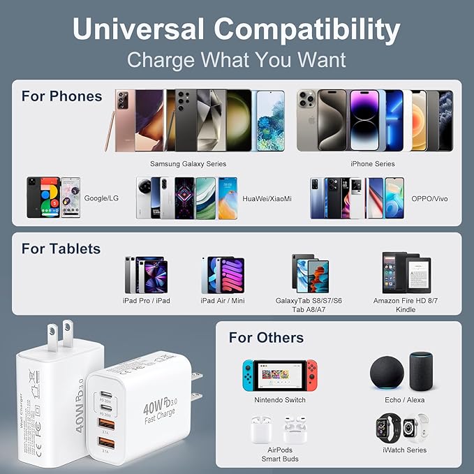 40W USB C Charger Block for iPhone 17/17 Pro/17 Pro Max/Air/16/16 Pro/16 Pro Max/16 Plus/15/15 Pro Max/14 13 12 11 Pro Max XS XR X, 4-Port PD+QC Multiport Power Adapter Type C Fast Charging Brick Cube