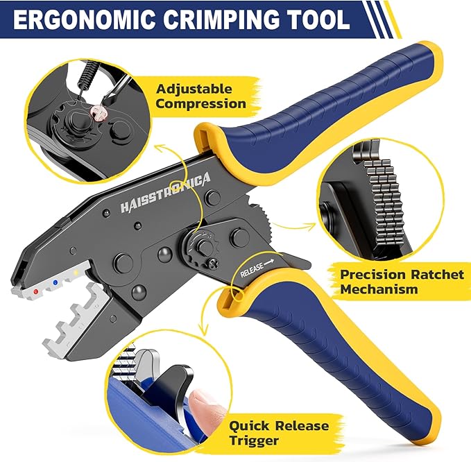 haisstronica 6 in 1 Crimping Tool Kit and Wire Stripper, Ratcheting Wire Crimper with 6 PCS Interchangeable Dies for Heat Shrink,Non-Insulated,Ferrule,Open Barrel,Insulated Connectors, men tool gifts