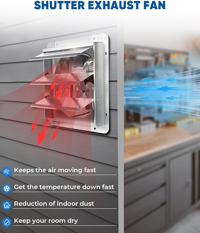 JPOWER 12 Inch Shutter Exhaust Fan, Gable Vent Fan, Wall Mount Ventilation, Automatic Aluminum Blades, High Speed, 1800CFM, for Garages, Shop, Greenhouse, Attic