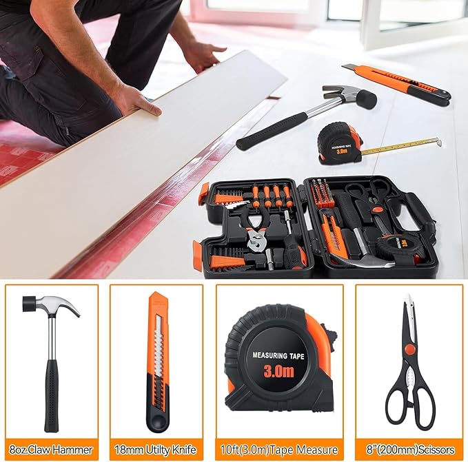 58 Piece Household Tool Set, General Household Hand Tool Kit with Plastic Toolbox Storage Case, All Purpose Household Tool Kit for Home, Garage, Office and College Dormitory Use, Orange