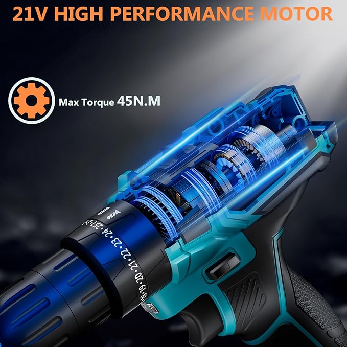 Cordless Drill with 2 Batteries and Charger, 21V Electric Drill Cordless, Portable Power drill Set, 3/8" Keyless Chuck, 2 Variable Speed, 25+ 3 Clutch, 398 In-lb Max Torque