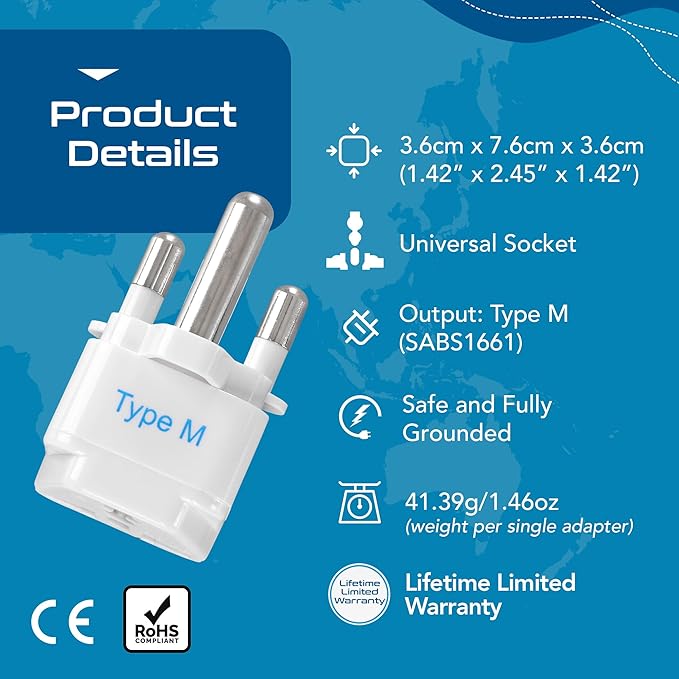 Ceptics South Africa Travel Plug Adapter (Type M) - 3 Pack [Grounded & Universal] (GP-10L-3PK)