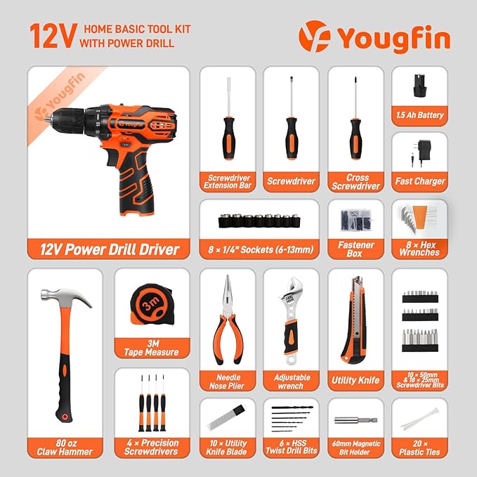 YOUGFIN Tool Kit with Drill 12V, Home Tool Set with Cordless Drill for Men, Power Drill Tool Box with 195 Pieces Household Hand Tools for Office (with 2.0Ah Battery & Charger)