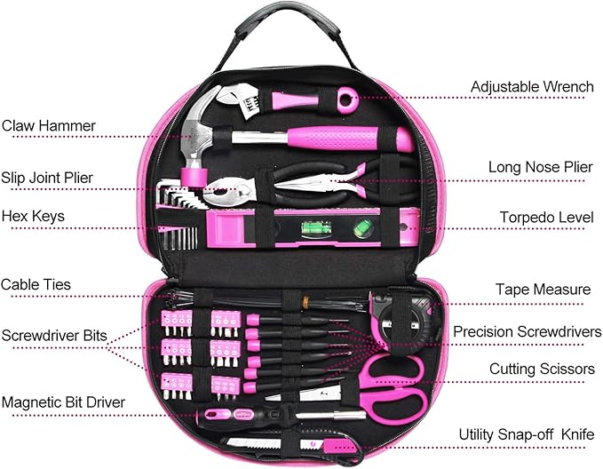 69 Piece Pink Tool kit, Ladies Hand Tool Set with Easy Carrying Round Pouch Household Tool Kit Perfect for DIY, Home Maintenance and Dorm Repair
