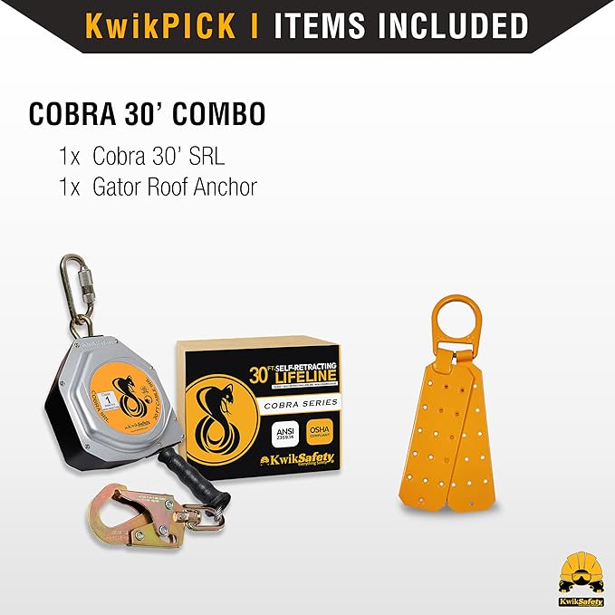 KwikSafety - Charlotte, NC - Cobra 30' Combo [Cable Self Retracting Lifeline + 3FT Cross Arm Strap] ANSI OSHA Class 1 Retractable SRL Fall Arrest Safety Yoyo Construction Roofing PPE Gear