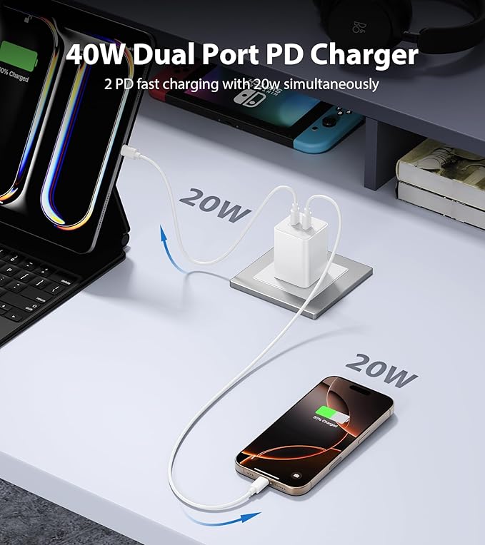 [2-Pack] USB C Charger Block 40W, Dual Port 20W PD 3.0 Type C Fast Wall Charger,Durable Compact Power Adapter for iPhone 16/15/14/13/12/11 Pro Max Plus,iPad,AirPods4,Samsung S25/S24,Watch(White)