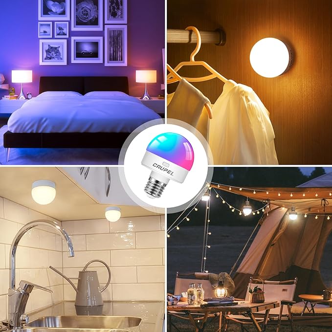 RGBCW Rechargeable Battery Operated Light Bulbs, E26 Detachable LED Bulb with Remote Control, 60W Equivalent, 500Lum, 3 Color Temperatures, 15 RGB, Emergency Light Bulbs for Home, Outdoor, 2 Pack