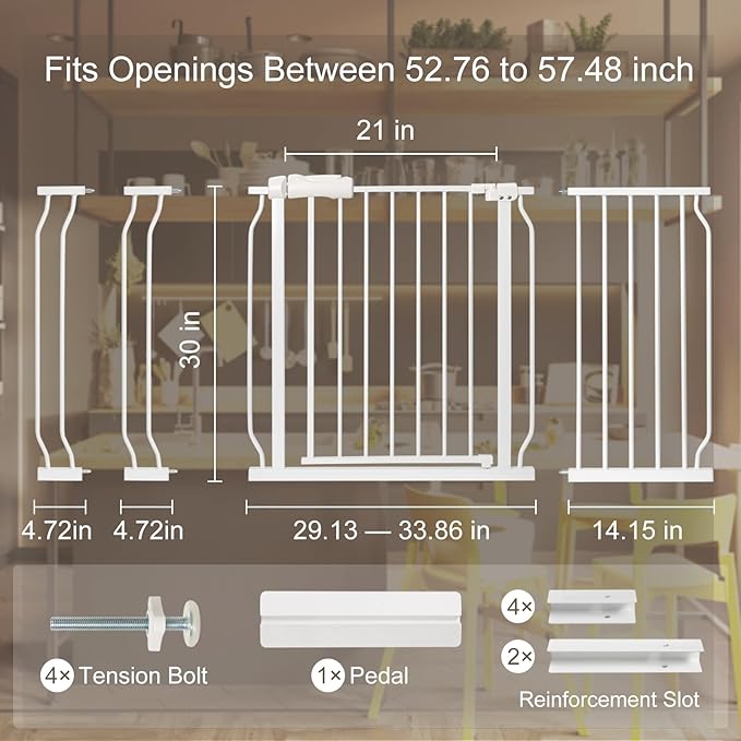Extra Wide Baby Gate with Door Pressure Mounted 52.76-57.48 Inch,Child Baby Gates for Doorways No Drilling,Walk Through Dog Gate Indoor for The House Kitchen Stairs,White