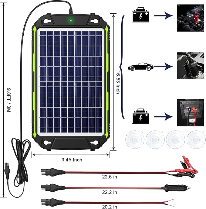 10W 12V Solar Battery Charger Maintainer PRO, Built-in Smart MPPT Charge Controller, Waterproof 10 Watt 12 Volt Solar Panel Trickle Charging Kits for Car Auto Boat RV Marine Trailer
