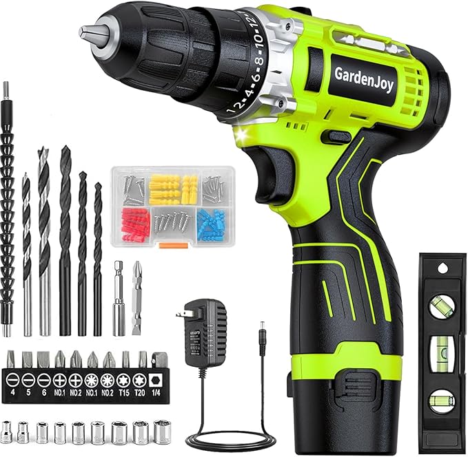 GardenJoy Cordless Power Drill Set: 12V Electric Drill with Battery and Charger, 65pcs Acessories, 3/8"Keyless Chuck, 2 Variable Speed, 24+1 Position, Compact Drill Driver Kit for Home & DIY Project