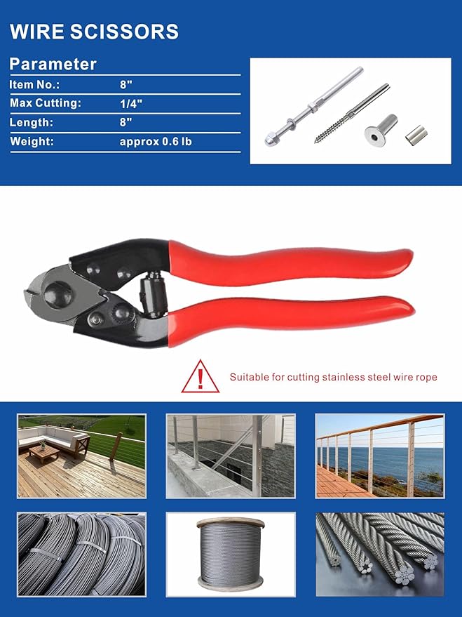AMZCNC Hydraulic Hand Crimper Tool for Stainless Steel Cable Railing Fittings for 1/16" 1/8" 3/16" Cable –Wire Swaging Tool 8 Ton and Stainless Steel Cable Cutter,1/8” Wire Rope Crimping Tool