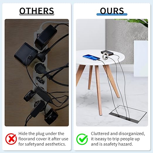 Vagueior Recessed Floor Electrical Outlet Kit,with 4 * 15A Receptacle+1 * 5V 2.1A USB Charging Ports+2-Port RJ45 Datacom Receptacle，Waterproof Electrical Outlet Covcer Box,Black