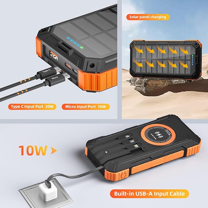 Solar Charger Power Bank 49800mAh Wireless Portable Phone Charger, 22.5W QC3.0 Fast Charging Built in 4 Cables with USB C 6 Outputs & 2 Inputs for All Cell Phone