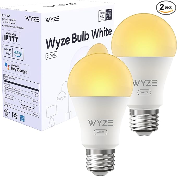 Wyze Bulb White, 800 Lumen, 90+CRI WiFi Tunable-White A19 Smart Light Bulb, Compatible with Alexa and Google Assistant, Two-Pack