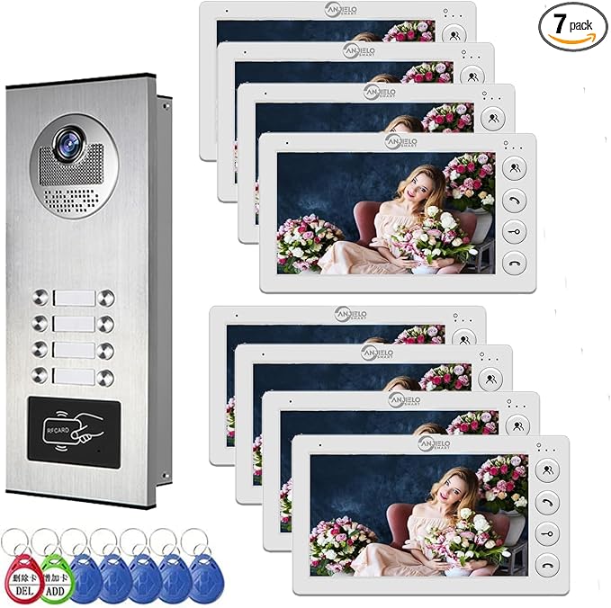 Video Apartment Intercom System,6 Units 7 inch Monitor Wired Video Door Phone Kit,Indoor Outdoor Video Doorbell,ID Keyfobs Unlock,2 Way Audio,6-Screen for Home Apartment (1 Doorbell + 8 Monitor)