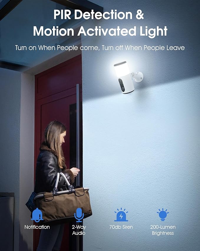 ANRAN Solar Security Cameras Wireless Outdoor with Light,2K Porch Floodlight Camera with Color Night Vision & AI Motion Detection,2-Way Talk Spotlight Siren Alarm,Compatible with Alexa,2PCS